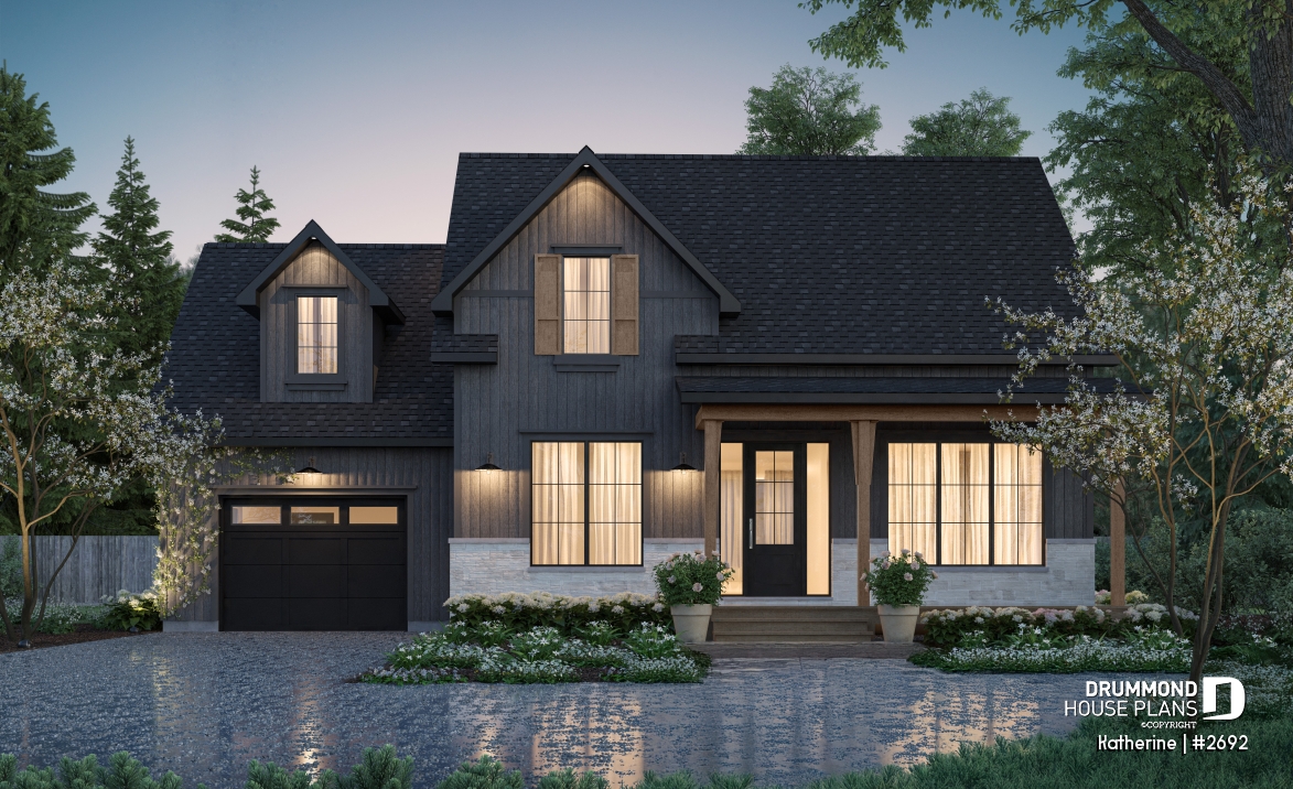 front - BASE MODEL - Modern Farmhouse House Plan with Maibec Stone, 3 Bedrooms and Garage - Katherine