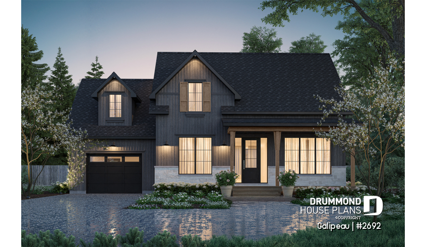 front - BASE MODEL - Great canadian style house plan with 3 bedrooms and garage, and 2.5 baths - Galipeau