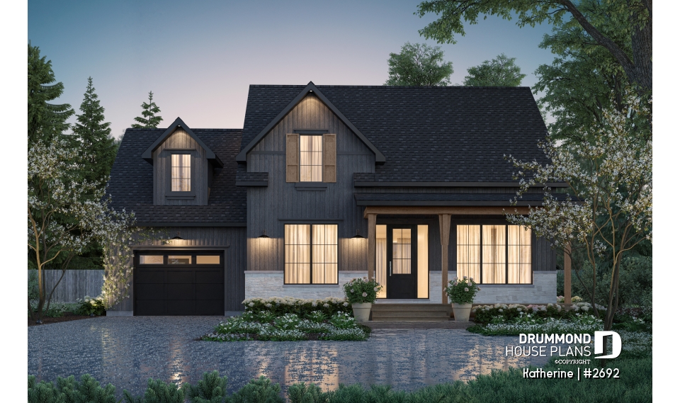 front - BASE MODEL - Modern Farmhouse House Plan with Maibec Stone, 3 Bedrooms and Garage - Katherine