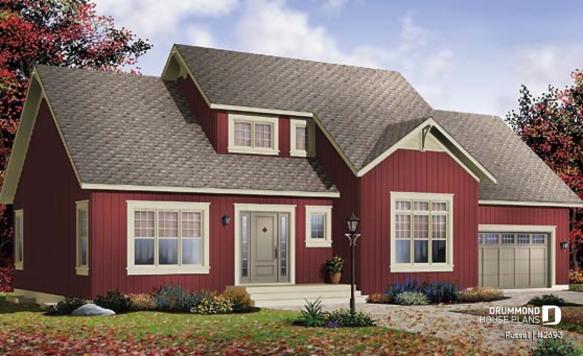 front - BASE MODEL - 3 to 4 bedroom simple 2-storey home, bonus room above 2-car garage, family and living rooms - Russell