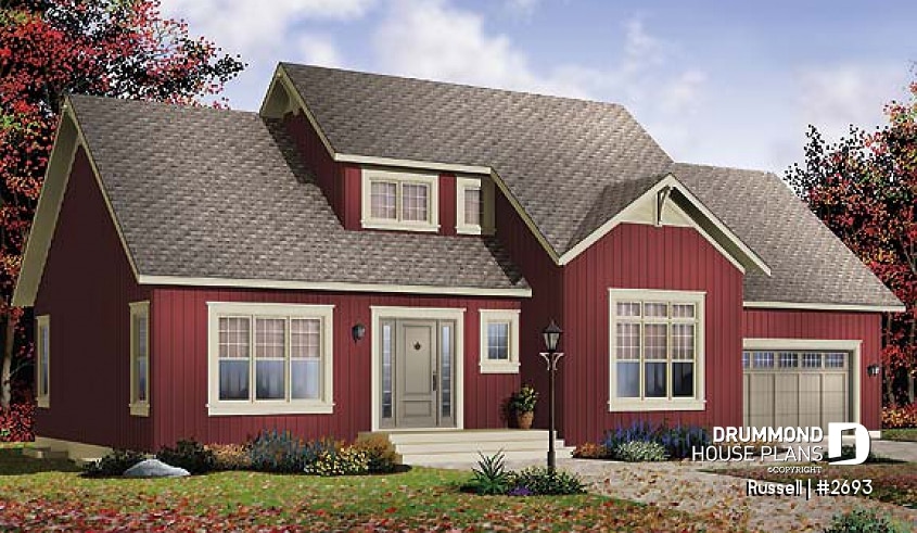 front - BASE MODEL - 3 to 4 bedroom simple 2-storey home, bonus room above 2-car garage, family and living rooms - Russell
