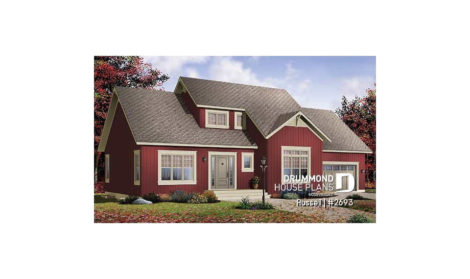 front - BASE MODEL - 3 to 4 bedroom simple 2-storey home, bonus room above 2-car garage, family and living rooms - Russell