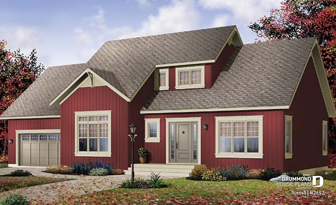 front - BASE MODEL - 3 to 4 bedroom simple 2-storey home, bonus room above 2-car garage, family and living rooms - Russell