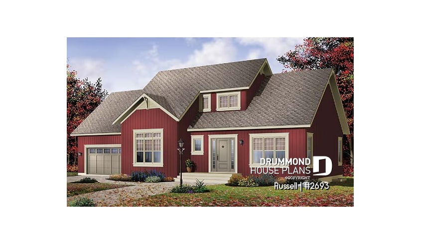 front - BASE MODEL - 3 to 4 bedroom simple 2-storey home, bonus room above 2-car garage, family and living rooms - Russell