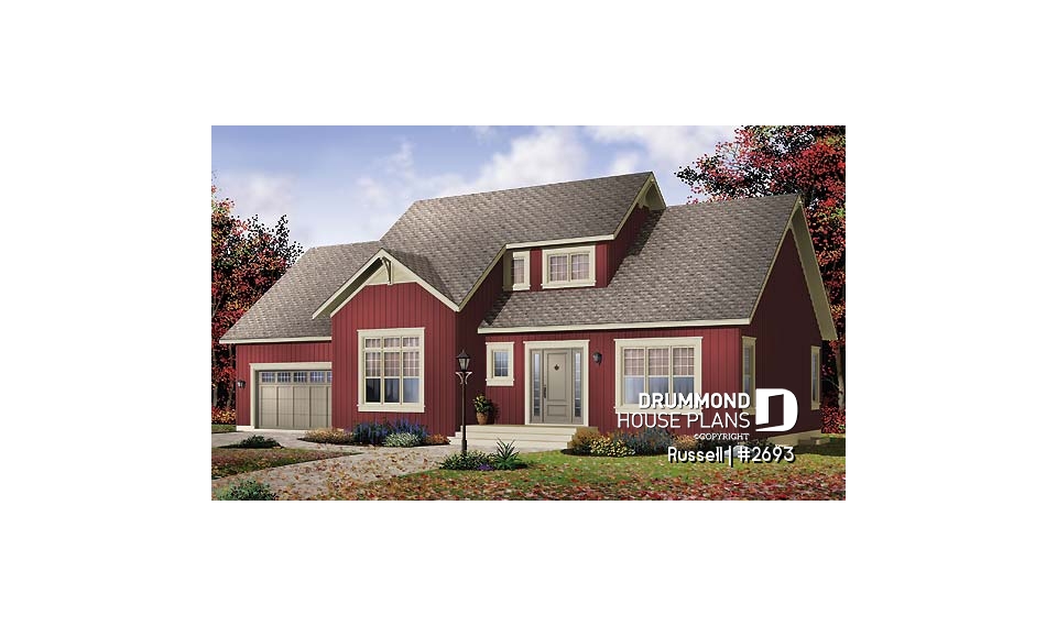 front - BASE MODEL - 3 to 4 bedroom simple 2-storey home, bonus room above 2-car garage, family and living rooms - Russell