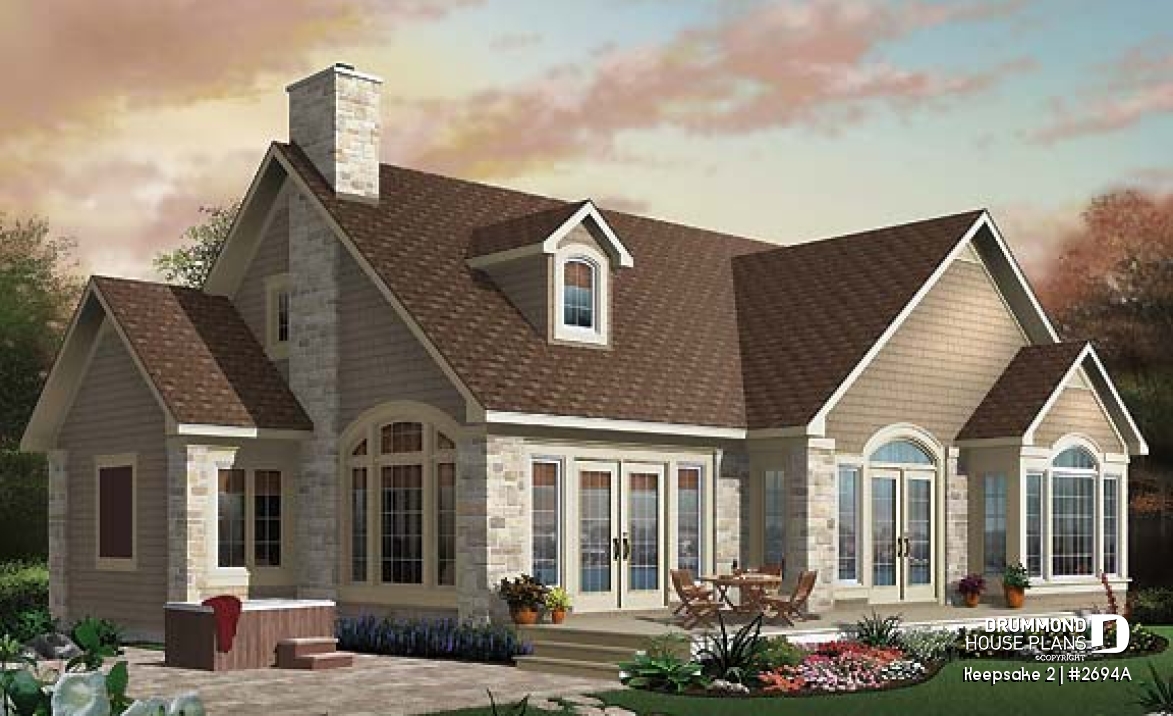 Rear view - BASE MODEL - Beautiful Craftsman house plan with open floor plan concept, large deck, 4 bedrooms, mezzanine, fireplace - Keepsake 2