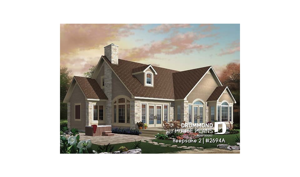 Rear view - BASE MODEL - Beautiful Craftsman house plan with open floor plan concept, large deck, 4 bedrooms, mezzanine, fireplace - Keepsake 2