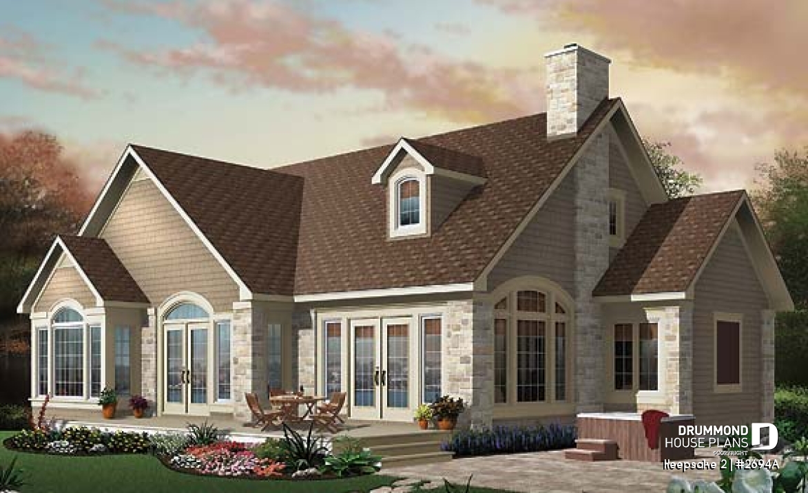 Rear view - BASE MODEL - Beautiful Craftsman house plan with open floor plan concept, large deck, 4 bedrooms, mezzanine, fireplace - Keepsake 2
