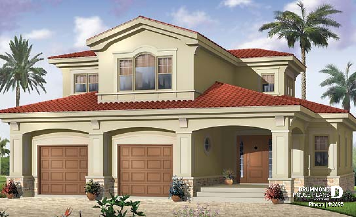 front - BASE MODEL - Mediteranean style house plan,open floor plan, central  fireplace, laundry room, master suite, computer area - Pinson