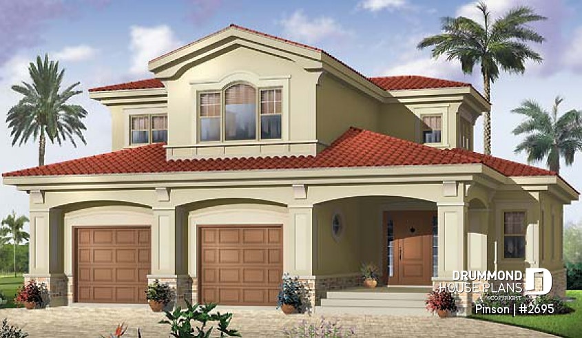 front - BASE MODEL - Mediteranean style house plan,open floor plan, central  fireplace, laundry room, master suite, computer area - Pinson