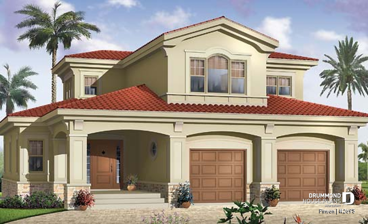 front - BASE MODEL - Mediteranean style house plan,open floor plan, central  fireplace, laundry room, master suite, computer area - Pinson