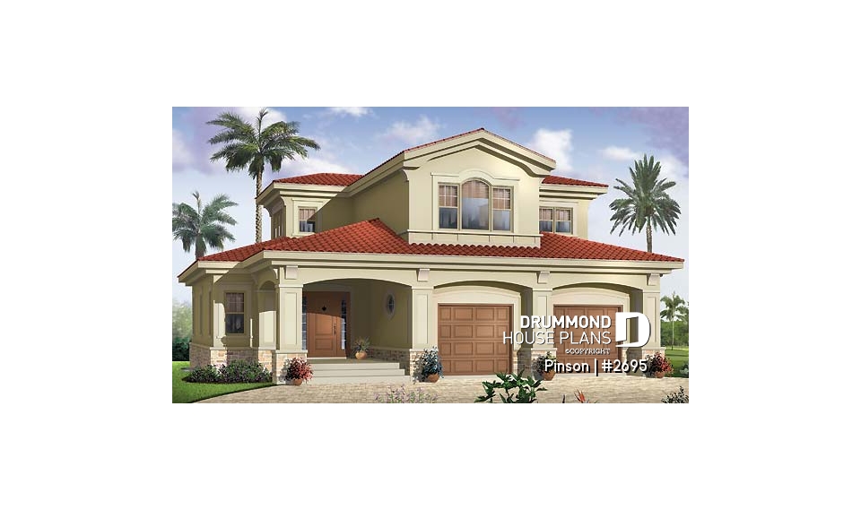 front - BASE MODEL - Mediteranean style house plan,open floor plan, central  fireplace, laundry room, master suite, computer area - Pinson