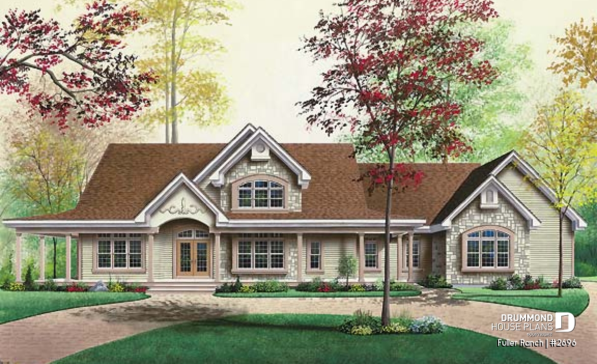 front - BASE MODEL - Large 3 bedroom ranch style house plan, split bedrooms, large family room with fireplace, master suite - Fuller Ranch