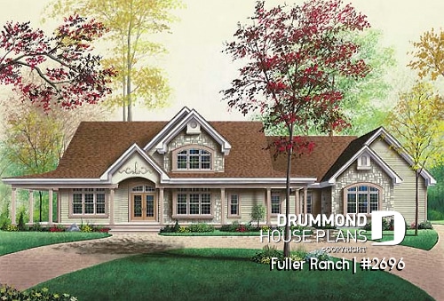 front - BASE MODEL - Large 3 to 4 bedroom ranch style house plan, split bedrooms, large family room with fireplace, master suite - Fuller Ranch