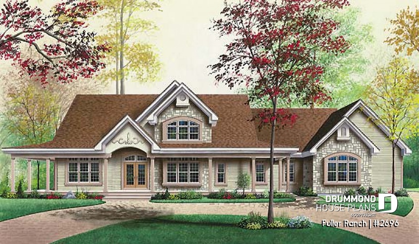 front - BASE MODEL - Large 3 bedroom ranch style house plan, split bedrooms, large family room with fireplace, master suite - Fuller Ranch