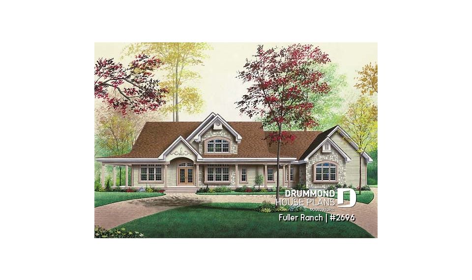 front - BASE MODEL - Large 3 bedroom ranch style house plan, split bedrooms, large family room with fireplace, master suite - Fuller Ranch