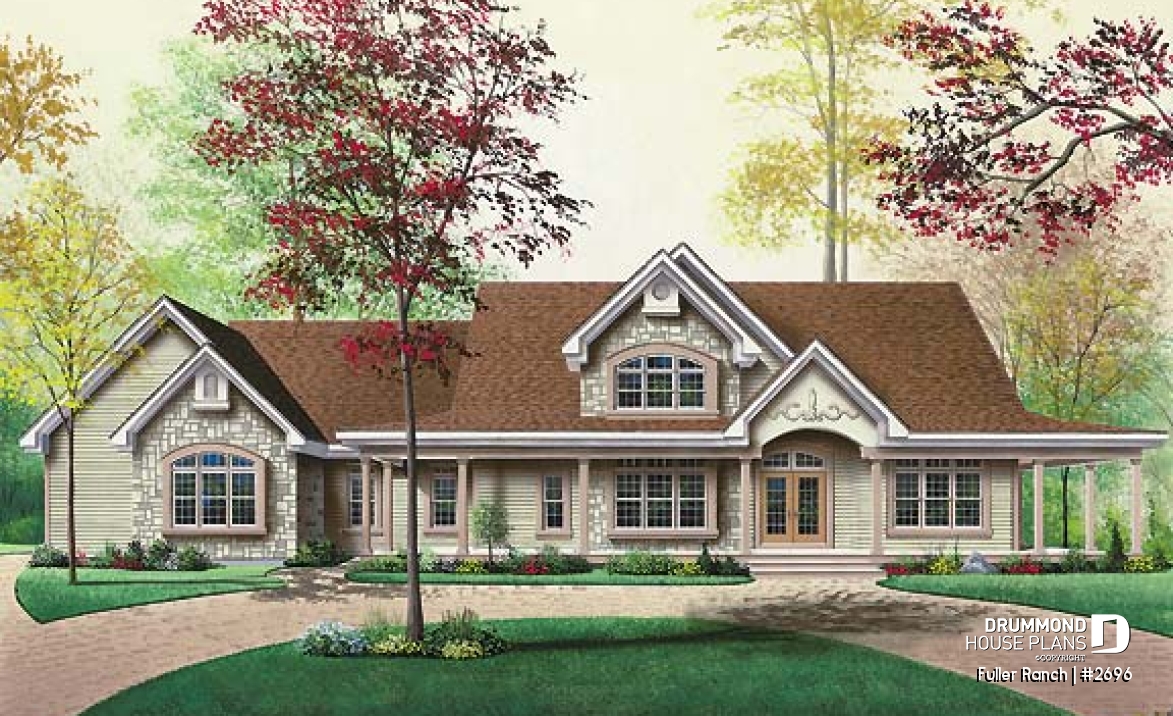 front - BASE MODEL - Large 3 bedroom ranch style house plan, split bedrooms, large family room with fireplace, master suite - Fuller Ranch