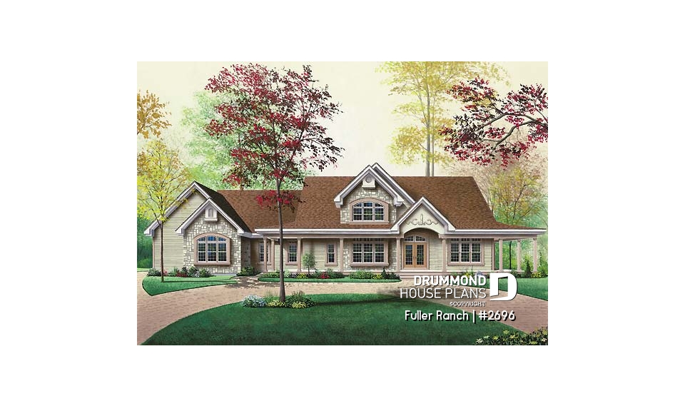 front - BASE MODEL - Large 3 bedroom ranch style house plan, split bedrooms, large family room with fireplace, master suite - Fuller Ranch