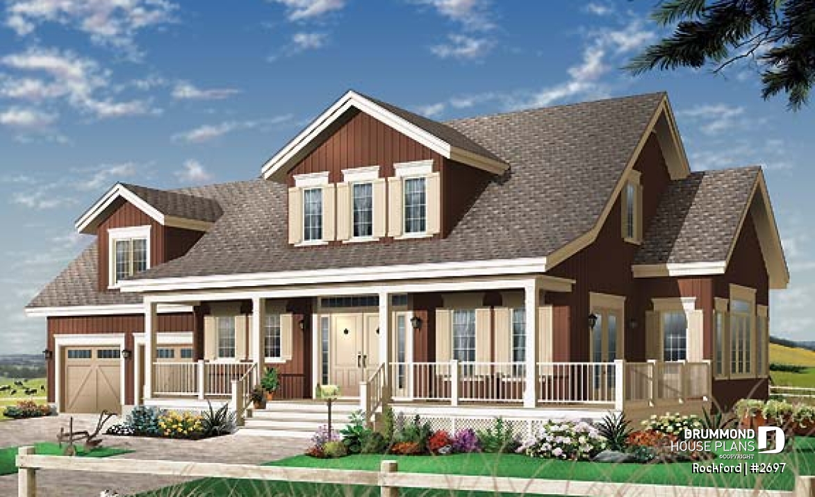 front - BASE MODEL - Beautiful country house plan with 2-car garage,  large master suite, living room, fireplace, media room or den - Rockford