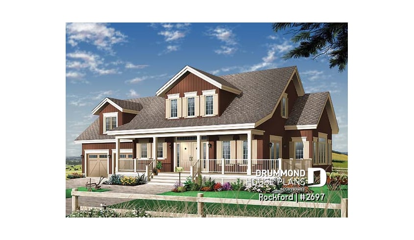 front - BASE MODEL - Beautiful country house plan with 2-car garage,  large master suite, living room, fireplace, media room or den - Rockford