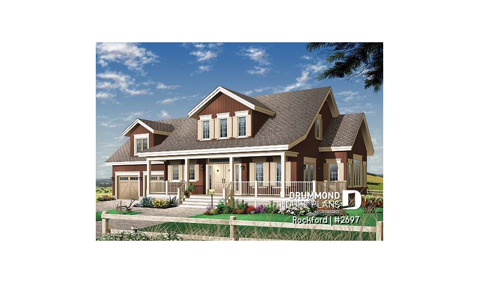 front - BASE MODEL - Beautiful country house plan with 2-car garage,  large master suite, living room, fireplace, media room or den - Rockford