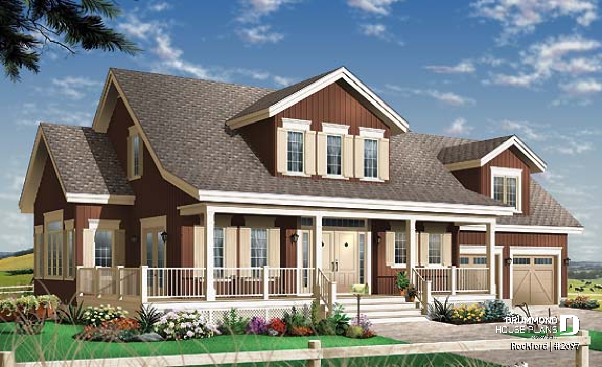 front - BASE MODEL - Beautiful country house plan with 2-car garage,  large master suite, living room, fireplace, media room or den - Rockford