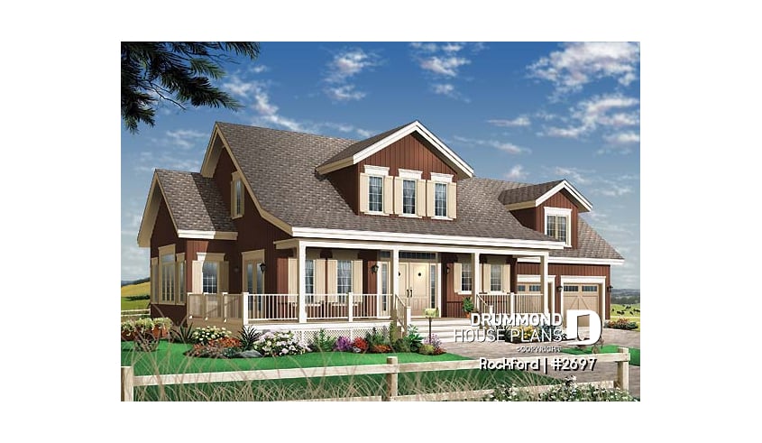 front - BASE MODEL - Beautiful country house plan with 2-car garage,  large master suite, living room, fireplace, media room or den - Rockford