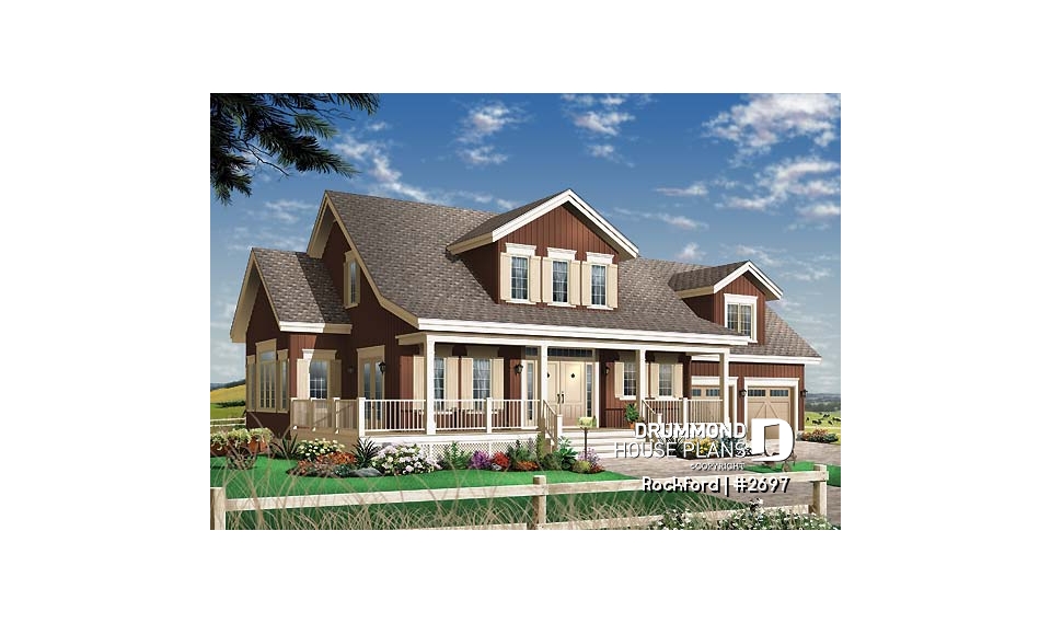 front - BASE MODEL - Beautiful country house plan with 2-car garage,  large master suite, living room, fireplace, media room or den - Rockford