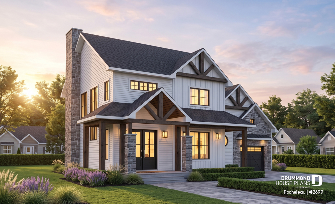 front - BASE MODEL - 2 to 4 bedroom floor plan, 2 story house, garage, pantry, sheltered terrace, optional finished basement ($) - Rocheleau