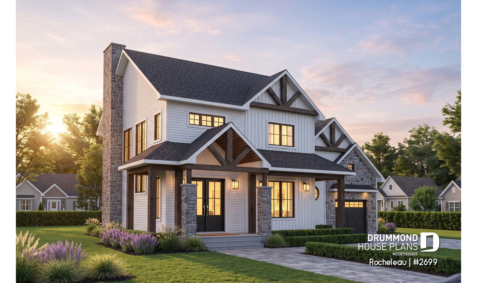 front - BASE MODEL - 2 to 4 bedroom floor plan, 2 story house, garage, pantry, sheltered terrace, optional finished basement ($) - Rocheleau