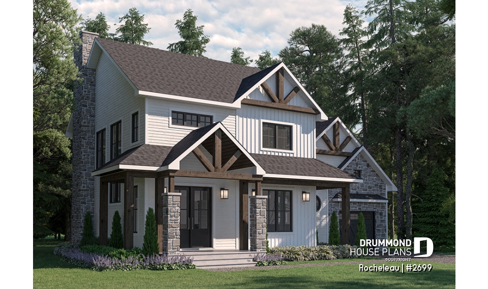 front - BASE MODEL - 2 to 4 bedroom floor plan, 2 story house, garage, pantry, sheltered terrace, optional finished basement ($) - Rocheleau