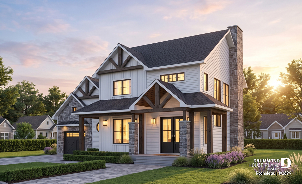 front - BASE MODEL - 2 to 4 bedroom floor plan, 2 story house, garage, pantry, sheltered terrace, optional finished basement ($) - Rocheleau