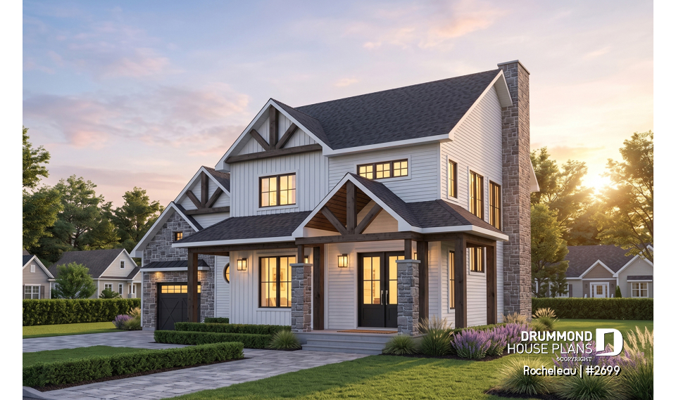 front - BASE MODEL - 2 to 4 bedroom floor plan, 2 story house, garage, pantry, sheltered terrace, optional finished basement ($) - Rocheleau