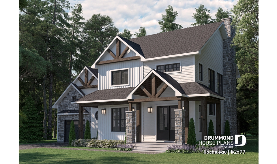 front - BASE MODEL - 2 to 4 bedroom floor plan, 2 story house, garage, pantry, sheltered terrace, optional finished basement ($) - Rocheleau