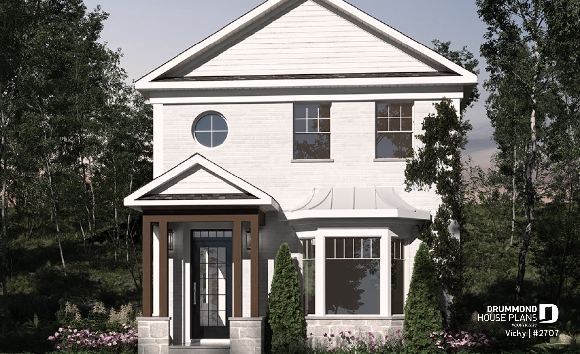 front - BASE MODEL - 2 storey english cottage plan, laundry room on first floor, walk-in closet on each bedroom - Vicky