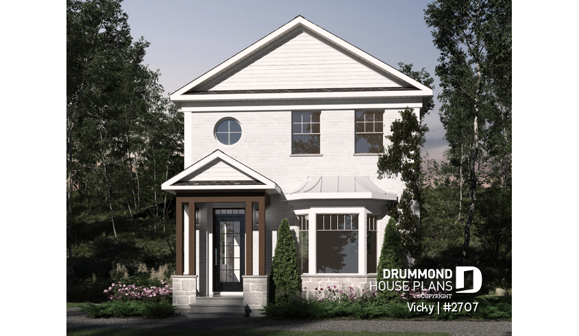 front - BASE MODEL - 2 storey english cottage plan, laundry room on first floor, walk-in closet on each bedroom - Vicky