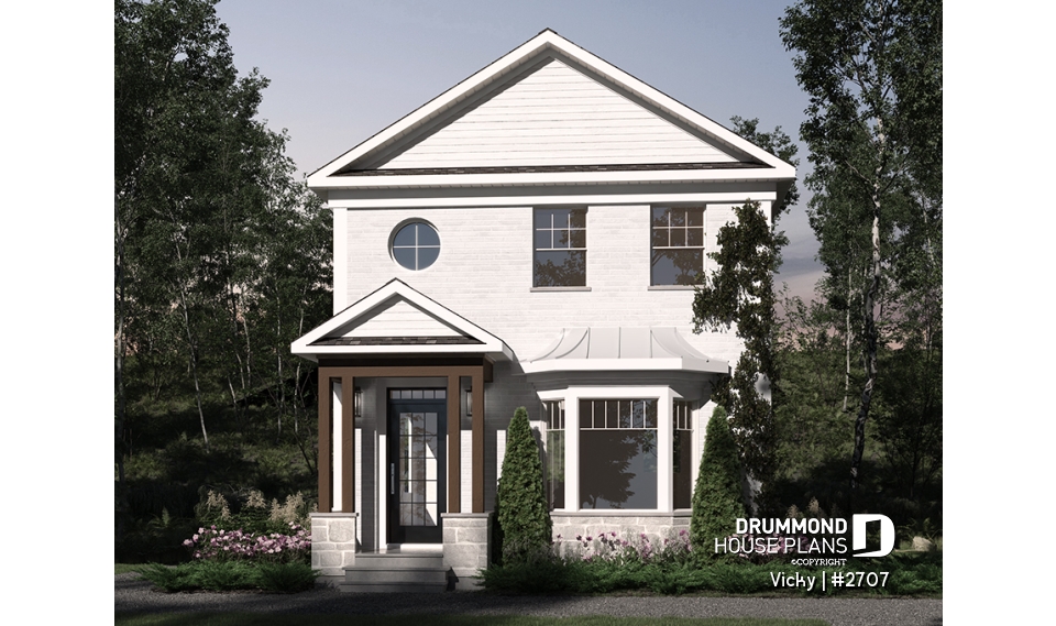 front - BASE MODEL - 2 storey english cottage plan, laundry room on first floor, walk-in closet on each bedroom - Vicky