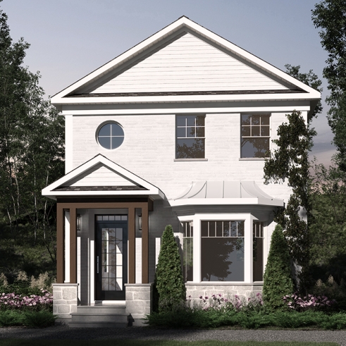 front - BASE MODEL - 2 storey english cottage plan, laundry room on first floor, walk-in closet on each bedroom - Vicky