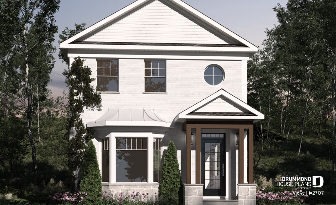 front - BASE MODEL - 2 storey english cottage plan, laundry room on first floor, walk-in closet on each bedroom - Vicky