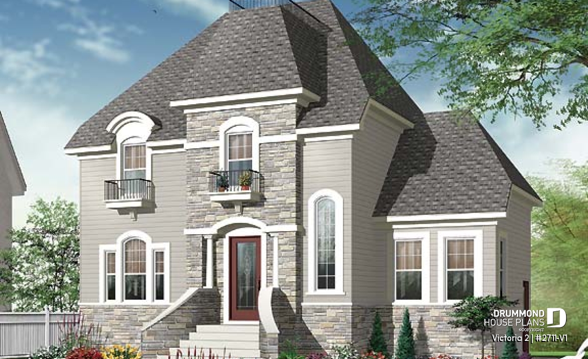 front - BASE MODEL - 2 floor Victorian style home plan with 3 bedrooms and a good size home office (den) - Victoria 2