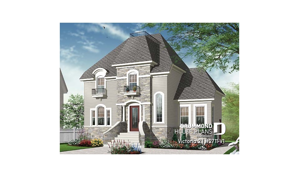 front - BASE MODEL - 2 floor Victorian style home plan with 3 bedrooms and a good size home office (den) - Victoria 2