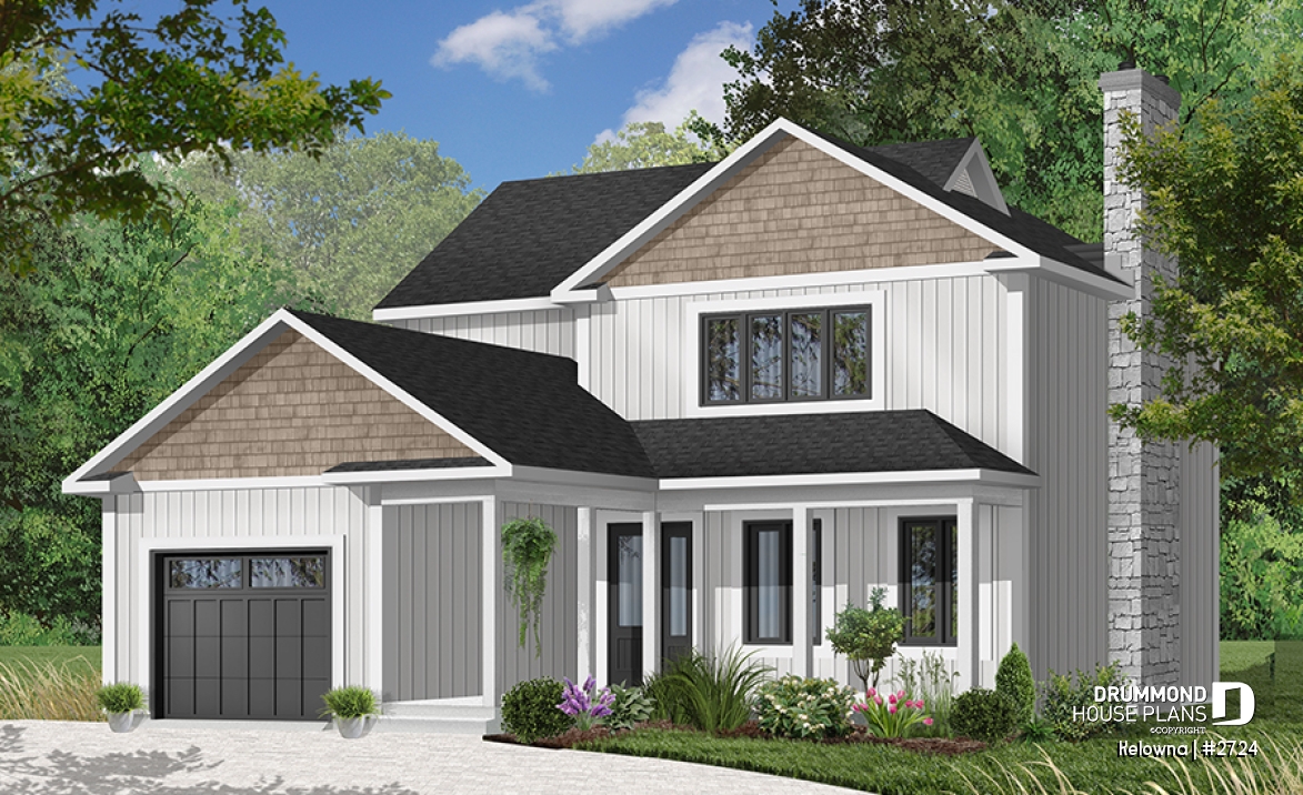 Color version 6 - Front - Narrow lot two-storey house with open floor plan, fireplace, kitchen nook, 3 bedroom, large family bathroom - Kelowna