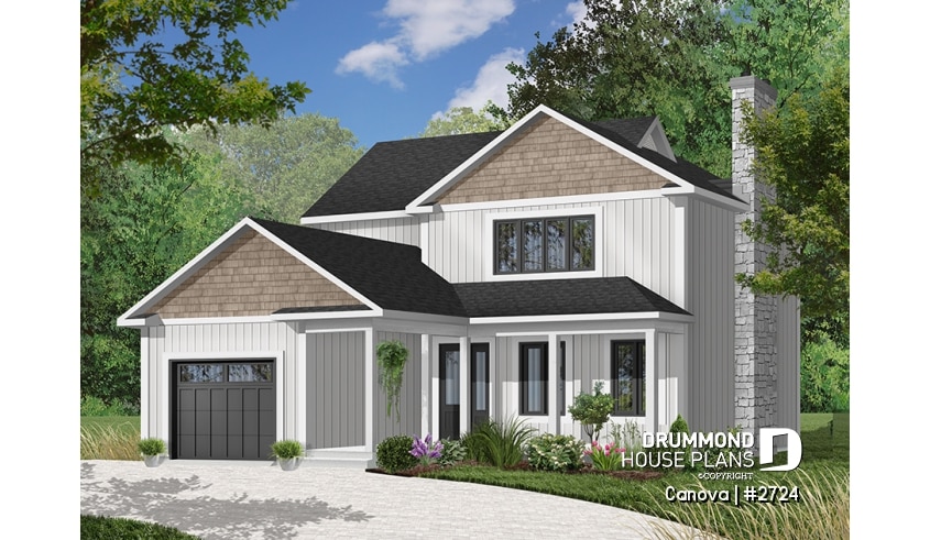 Color version 6 - Front - Narrow lot two-storey house with open floor plan, fireplace, kitchen nook, 3 bedroom, large family bathroom - Canova