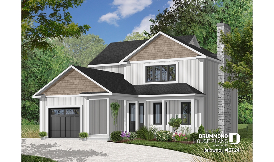 Color version 6 - Front - Narrow lot two-storey house with open floor plan, fireplace, kitchen nook, 3 bedroom, large family bathroom - Kelowna