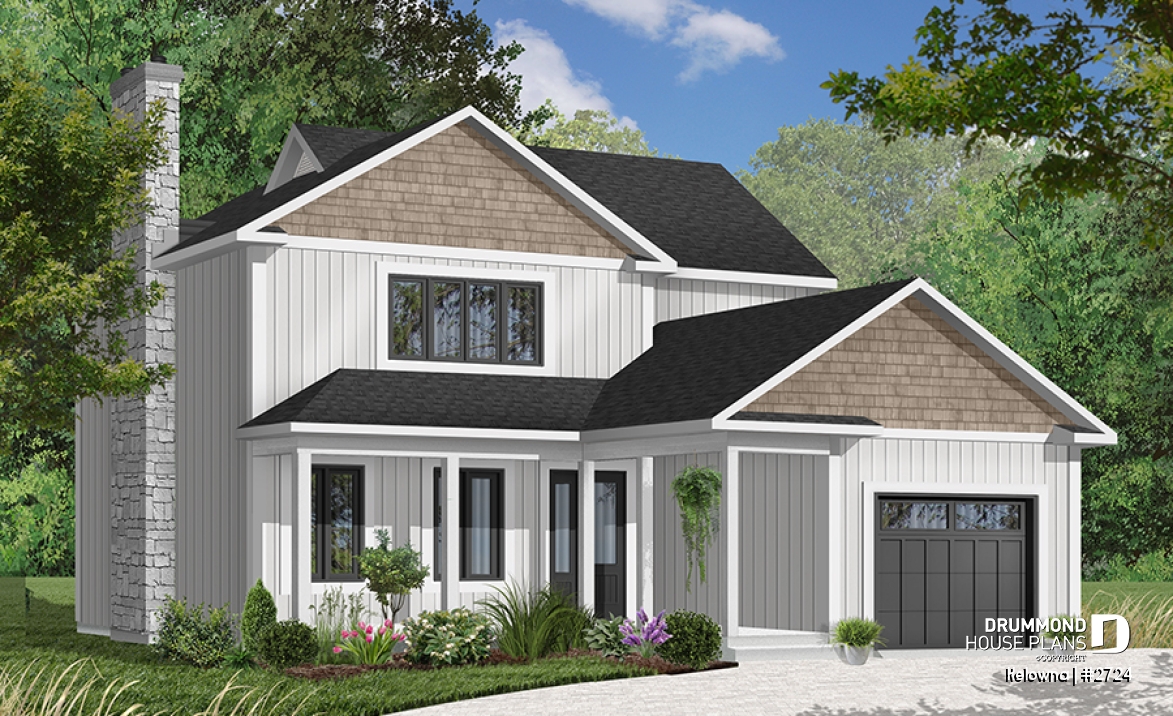 Color version 6 - Front - Narrow lot two-storey house with open floor plan, fireplace, kitchen nook, 3 bedroom, large family bathroom - Kelowna