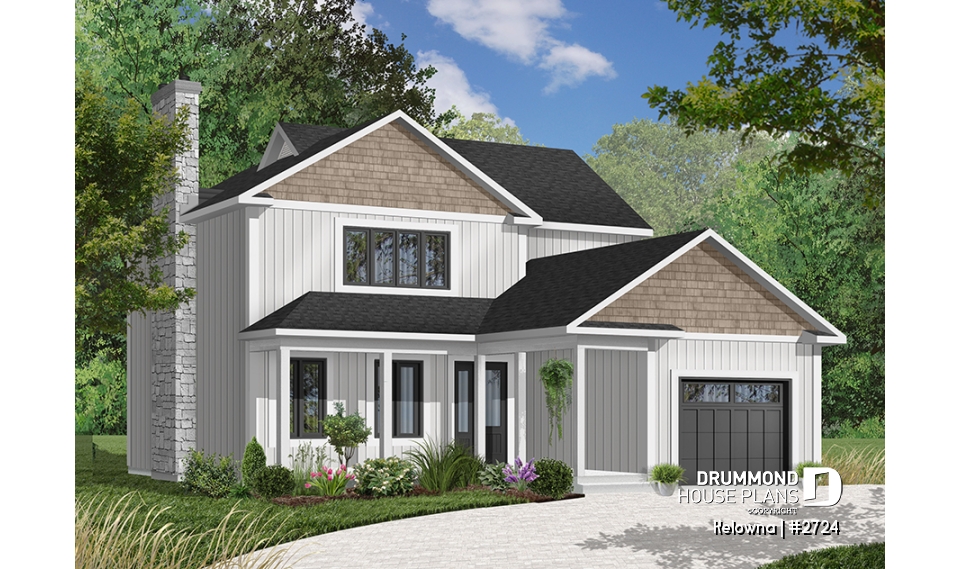 Color version 6 - Front - Narrow lot two-storey house with open floor plan, fireplace, kitchen nook, 3 bedroom, large family bathroom - Kelowna