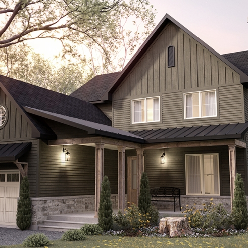 front - BASE MODEL - Country home plan with 4 to 5 bedrooms, garage, office, sheltered terrace and beautiful master suite - Kelowna 2