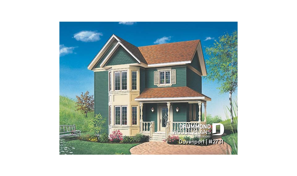 front - BASE MODEL - Victorian inspired cottage plan, 3 bedrooms, abundant fenestration, shutters, open space - Davenport