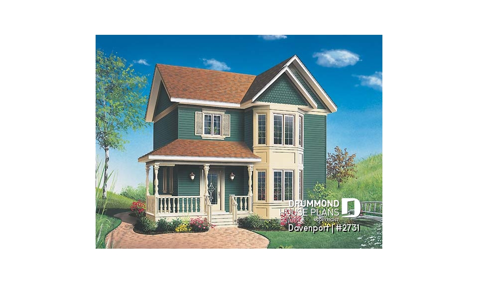 front - BASE MODEL - Victorian inspired cottage plan, 3 bedrooms, abundant fenestration, shutters, open space - Davenport