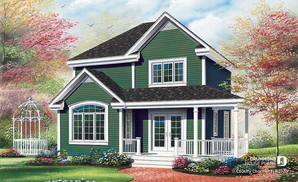 front - BASE MODEL - Country style small house plan with cathedral ceiling and 3 large bedrooms, remarkable storage in kitchen - Country Charmer 1